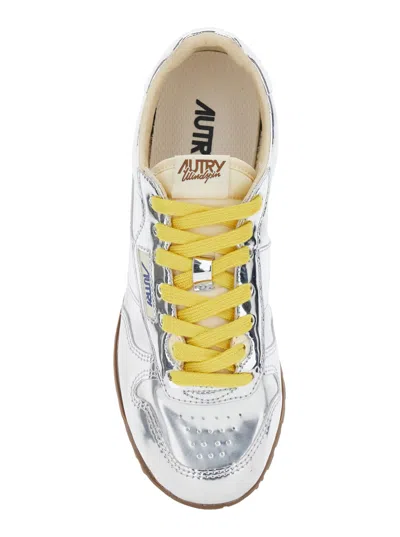 Autry Front Lace Sneakers In Bright Yellow And Shiny Silver In Gray