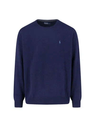 Polo Ralph Lauren Merino Wool Crew Neck Sweater With Embroidered Logo And Ribbed Detailing In Blue