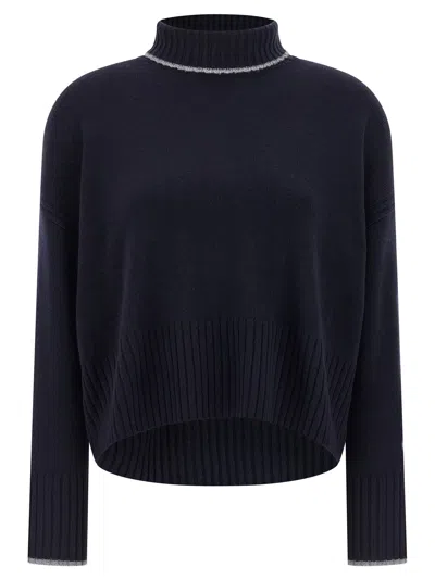 Pinko Blue Turtleneck Sweater With Back Logo In Wool Woman In Blue