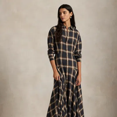 Ralph Lauren Plaid And Twill Patchwork Midi Shirt Dress In Black