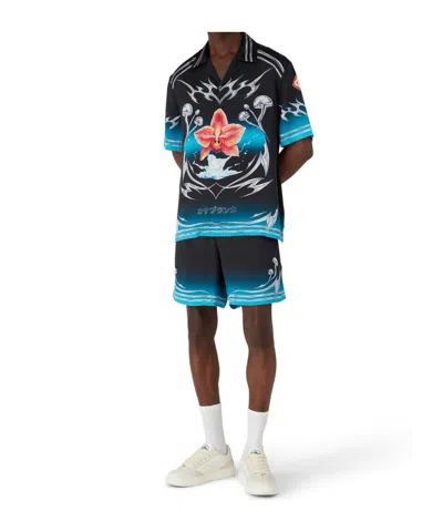 Casablanca Floral Graphic Short Sleeve Satin Top In Black