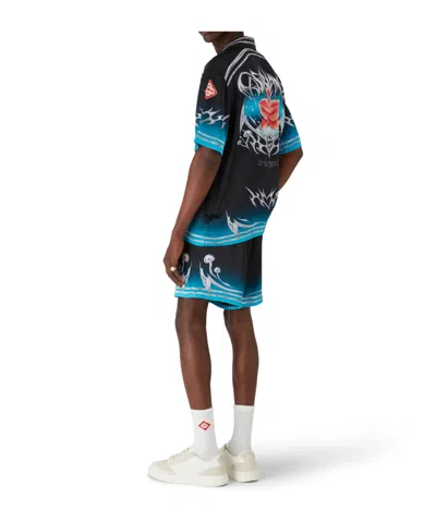 Casablanca Floral Graphic Short Sleeve Satin Top In Black