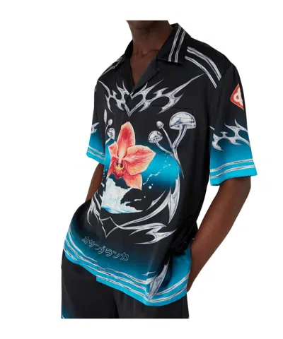 Casablanca Floral Graphic Short Sleeve Satin Top In Black