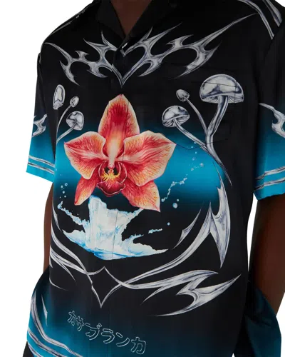 Casablanca Floral Graphic Short Sleeve Satin Top In Black
