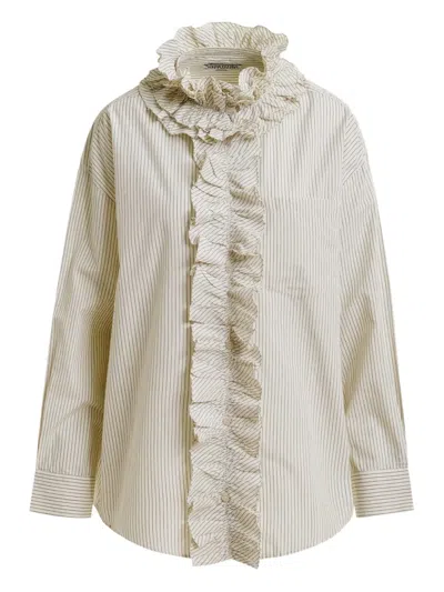 Essentiel Antwerp Stripe-pattern Ruffle-detail Shirt In Neutral