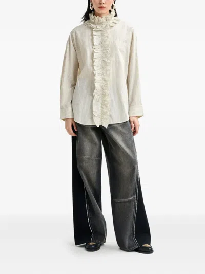 Essentiel Antwerp Stripe-pattern Ruffle-detail Shirt In Neutral