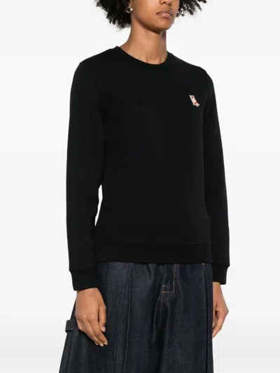 Maison Kitsuné Fox Embroidered Cotton Sweatshirt With Crew Neck In Black