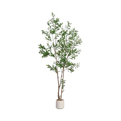 Nearly Natural 7' Artificial Minimalist Olive Tree In White Decorative Planter In Green