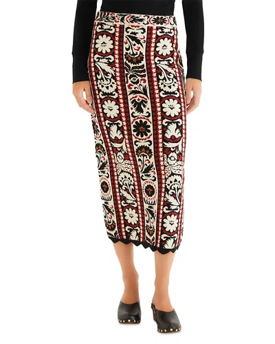 Farm Rio Embroidered Midi Skirt With Scalloped Hem In Multi