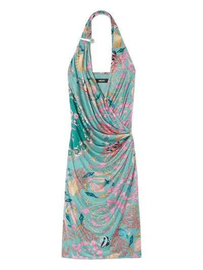 Versace Underwater Barocco Halterneck Midi Dress In Green