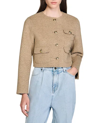 Sandro Womens Beige Patch-pocket Button-down Cropped Wool-blend Jacket In Brown