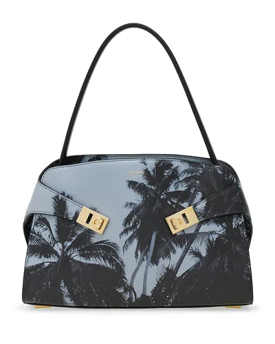 Ferragamo Hug Palm Tree-print Leather Shoulder Bag In Blue