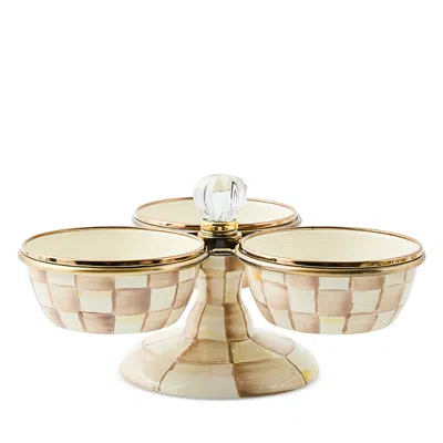 Mackenzie-childs Mackenzie Childs Mocha Check Enameled Steel Triplicity Bowls & Stand Set In Neutral