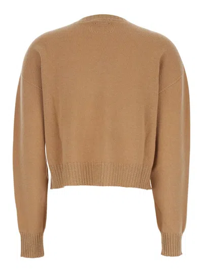 Twinset Twin-set Beige Crew Neck Sweater In Soft Wool-cashmere Blend In Brown