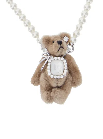 Yvmin Square Stone Plush Bear Pearl Necklace In Metallic