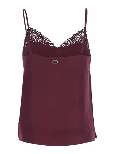 Twinset Bordeaux Top With Thin Strap And Logo Plaque On The Back In Fabric Woman In Burgundy