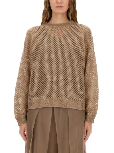 Brunello Cucinelli Net Sweater With Crew Neck And Open-knit Design In Brown