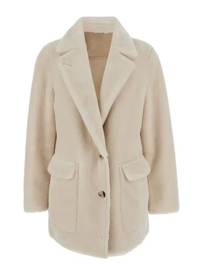 Urbancode White Single-breasted Jacket With Classic Lapels In Faux Fur Woman In White