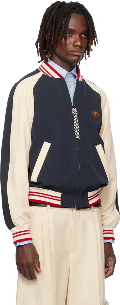 Valentino Wool And Cotton Bomber Jacket With Vlogo And Chat De La Maison Patch In Blue