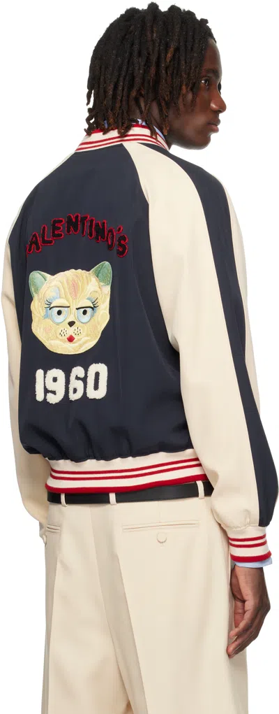 Valentino Wool And Cotton Bomber Jacket With Vlogo And Chat De La Maison Patch In Blue