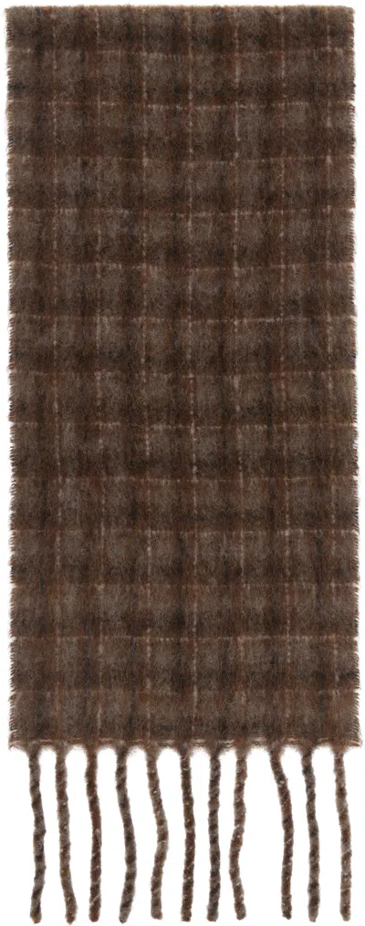 Our Legacy Textured Brown Checkered Scarf With Fringed Edge In Multi