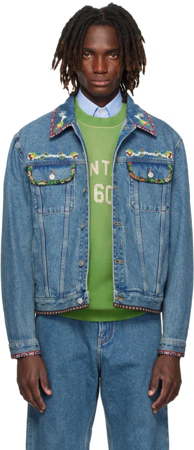 Valentino Denim Jacket With Multicolor Embroidery In Blue