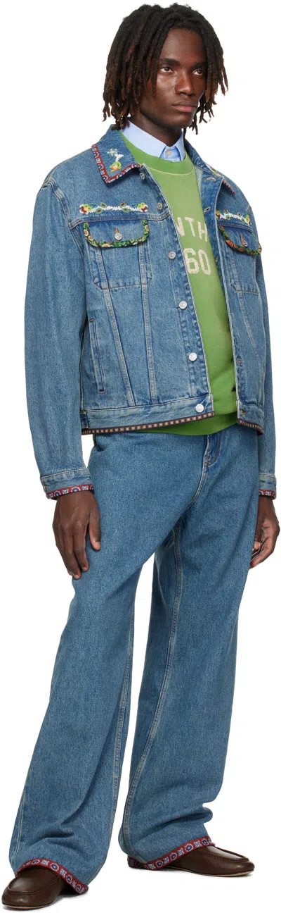 Valentino Denim Jacket With Multicolor Embroidery In Blue
