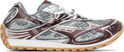 Bottega Veneta Men 'orbit' Bordeaux Running Sneakers With Logo Lettering Print In Tech Fabric Man In Silver