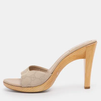 Pre-owned Gucci Beige Gg Canvas Slide Sandals Size 37.5