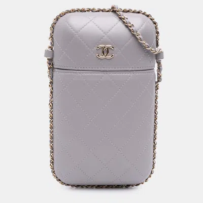 Pre-owned Chanel Grey Cc Quilted Lambskin Chain Around Phone Holder In Gray