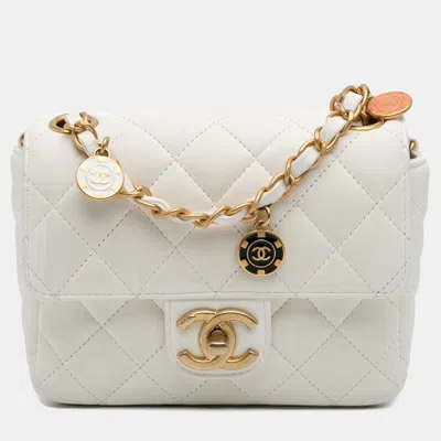 Pre-owned Chanel White Mini Square Classic Lambskin Casino Royale Charms Single Flap