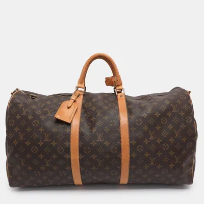 Pre-owned Louis Vuitton Monogram Canvas Keepall Bandouliere 60 Bag In Brown