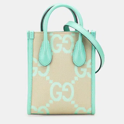 Pre-owned Gucci Beige Blue Mini Jumbo Gg Canvas Interlocking G Satchel In Sand