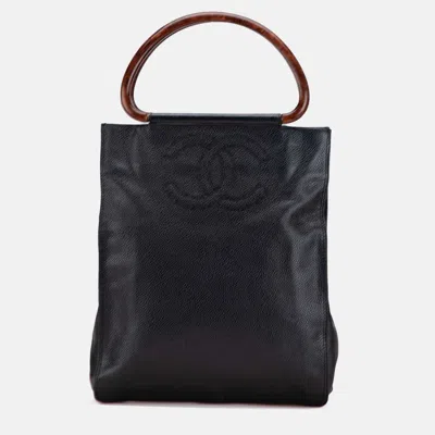 Pre-owned Chanel Black Cc Caviar Wood Top Handle Tote