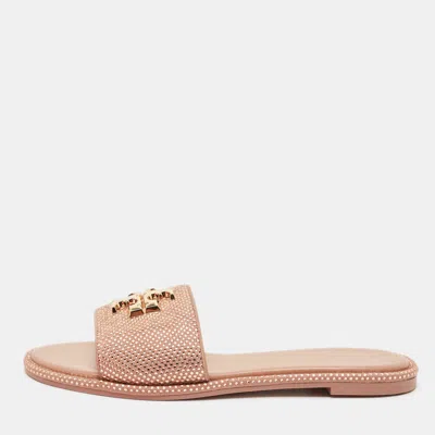 Pre-owned Tory Burch Beige Suede Everly Crystals Flat Slides Size 37 In Sand