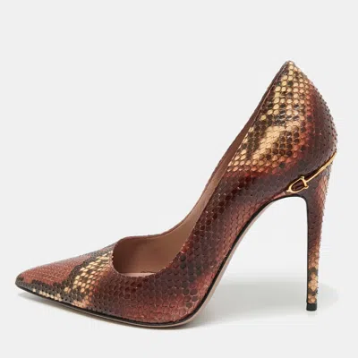 Pre-owned Gucci Brown/cream Python Leather Pointed Toe Pumps Size 38