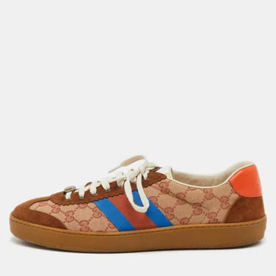 Pre-owned Gucci Brown/beige Gg Canvas And Suede Web G74 Sneakers Size 44