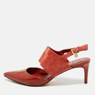Pre-owned Tory Burch Red Patent Leather And Suede Pointed Toe Slingback Pumps Size 39.5
