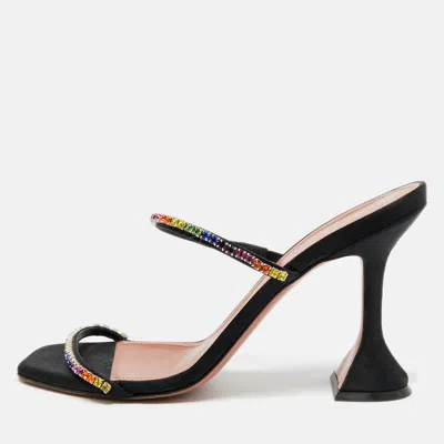 Pre-owned Amina Muaddi Black Crystal Embellished Satin Glida Slide Sandals Size 38.5