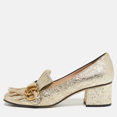 Pre-owned Gucci Metallic Gold Leather Gg Marmont Block Heel Pumps Size 37.5