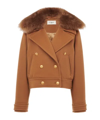 Chloé Virgin Wool Blend Jacket With Fur Collar In Neutral