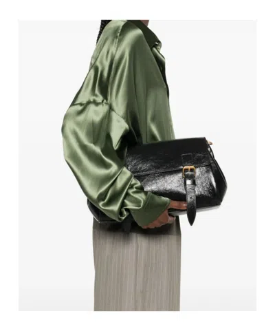 Dries Van Noten Textured Leather Shoulder Bag With Gold-tone Buckle Closure In Black