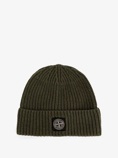 Stone Island Beanie With Compass Patch And Ribbed Cuff In Green