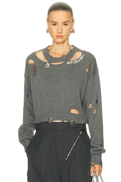 Area Crystal Distressed Crop Cashmere Sweater In Gray