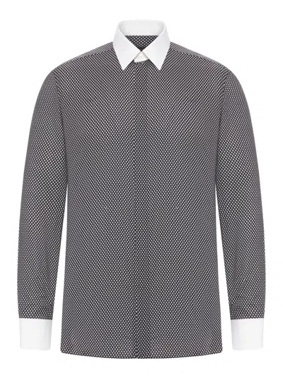 Tom Ford Cotton Shirt With Diamond Print And Contrast White Collar In Black