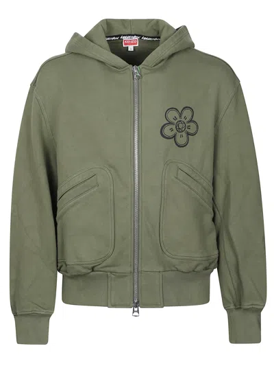 Kenzo Zip-up Hoodie With Front Pockets And Graphic Print In Green