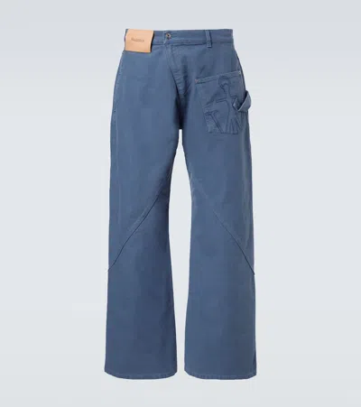 Jw Anderson Twisted Cotton Canvas Wide-leg Pants In Blue