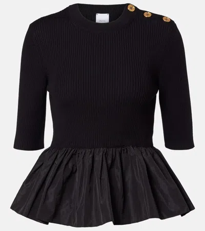 Patou Ribbed Sweater With Ruffled Hem In Wool And Faille In Black