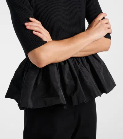 Patou Ribbed Sweater With Ruffled Hem In Wool And Faille In Black