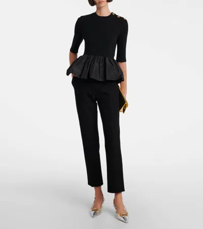 Patou Ribbed Sweater With Ruffled Hem In Wool And Faille In Black